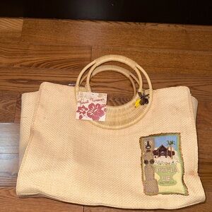Fossil Beige Tropical Hawaiian Tiki Tonga Lei Polynesia Woven Straw Tote Bag NWT